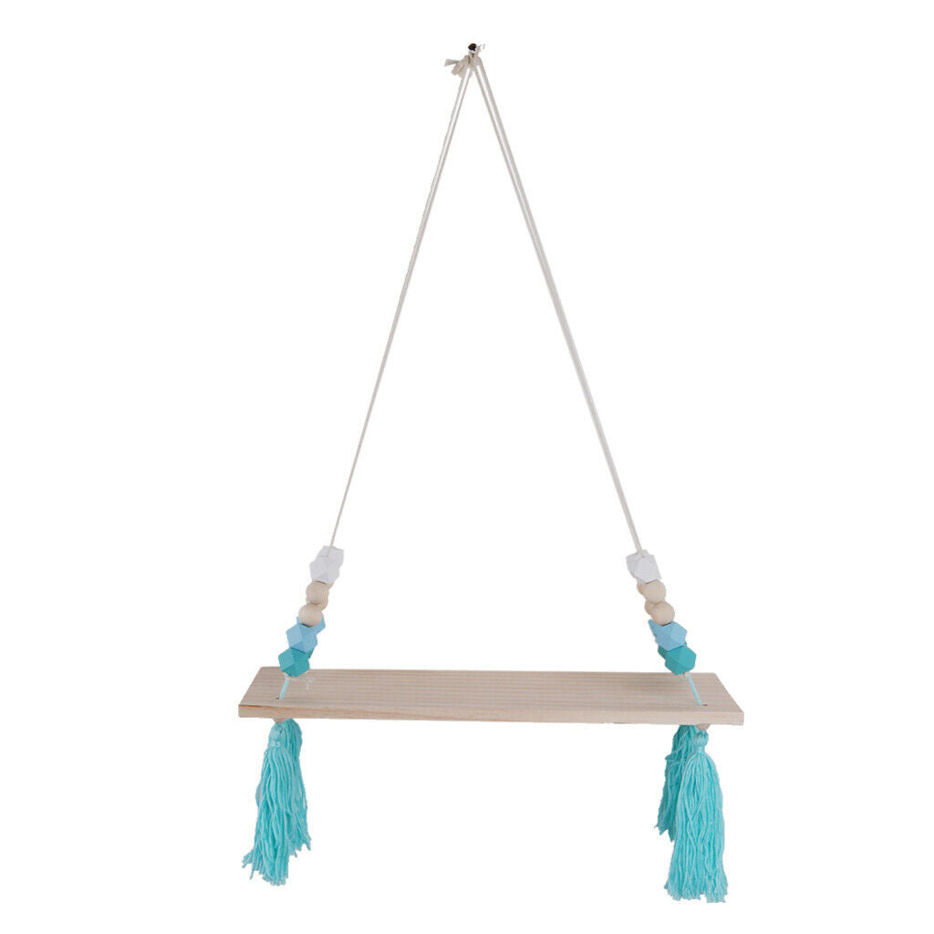Wall Hanging Wood Swing Floating Shelf Kids Room Blue White Bead Blue Tassel