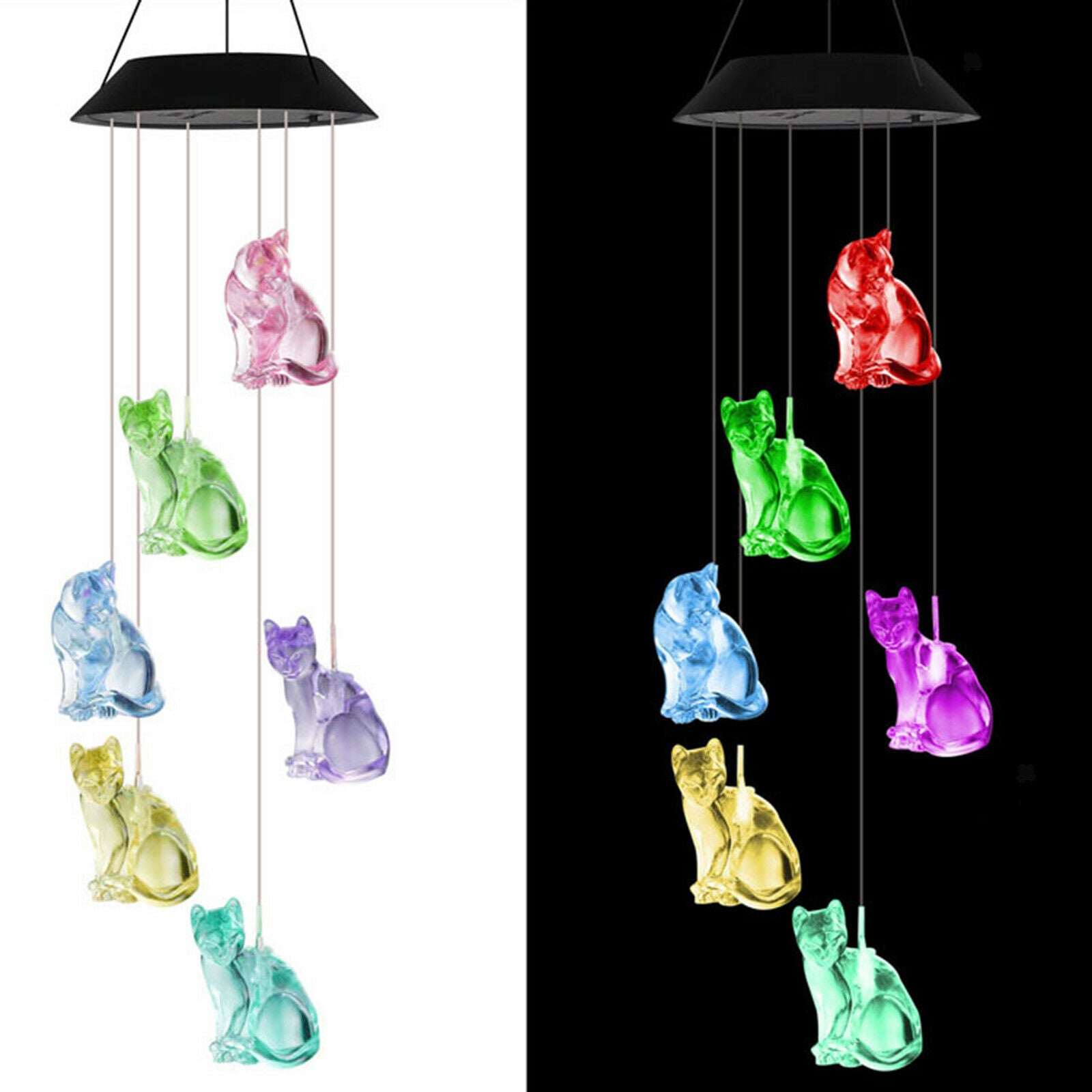 Hanging Romantic Creative Cat Solar Wind Chime LED Lamp Garden Yard Ornament