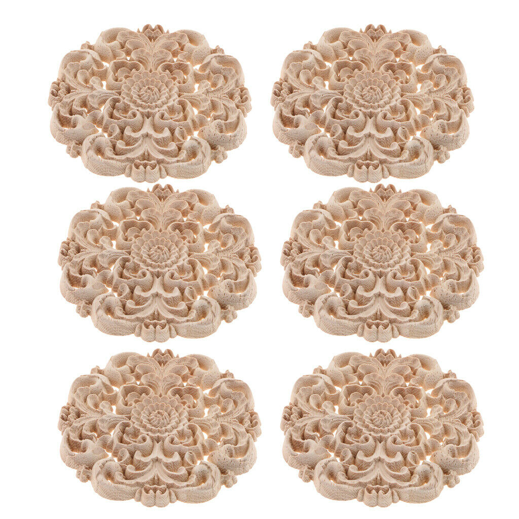 6Pcs Round Wood Carved Flower Appliques Elegant Cabinet Onlay Craft Unpainted
