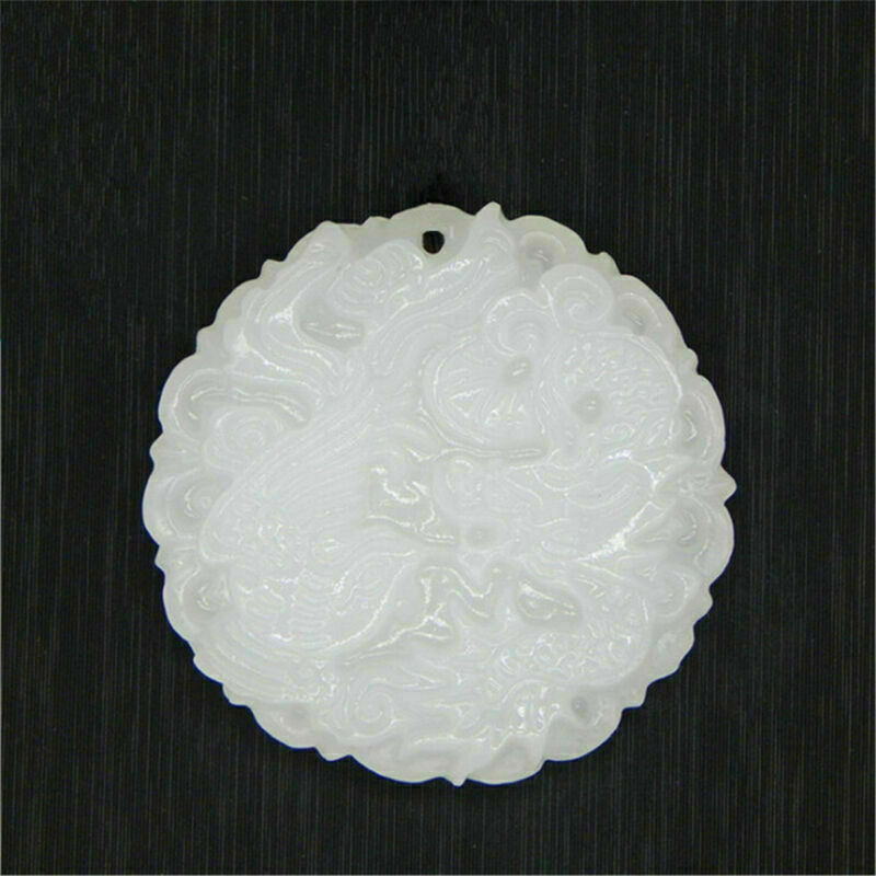 White Chinese Jade Natural Hand-carved Pendant Dragon&Phoenix Amulet Xmas Gift