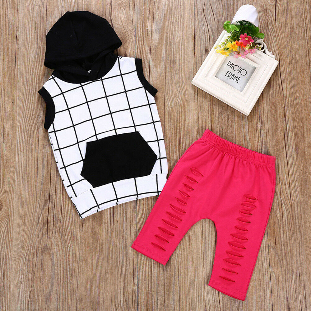 2PCS Toddler Kids Baby Girls Summer Outfits Clothes Hooded Tops+Ripped Pants Set