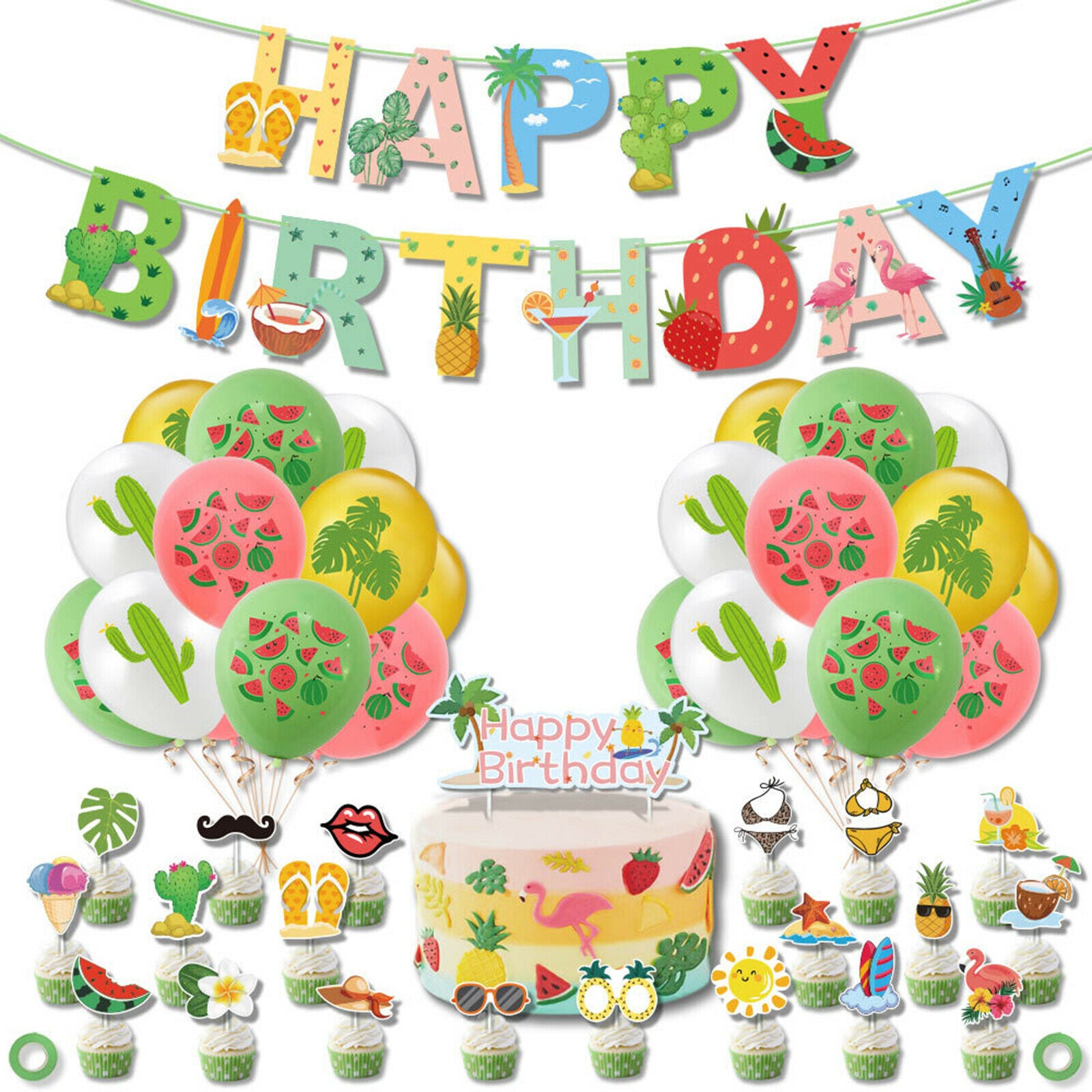 Tropical Balloons Garland Set with Tropical Leaves and Pineapple Banner for