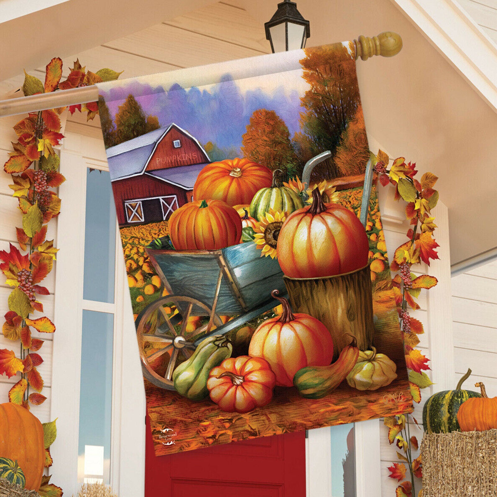 Pumpkin Farm Fall House Flag Cart Autumn Barn 28" x 40" Briarwood Lane