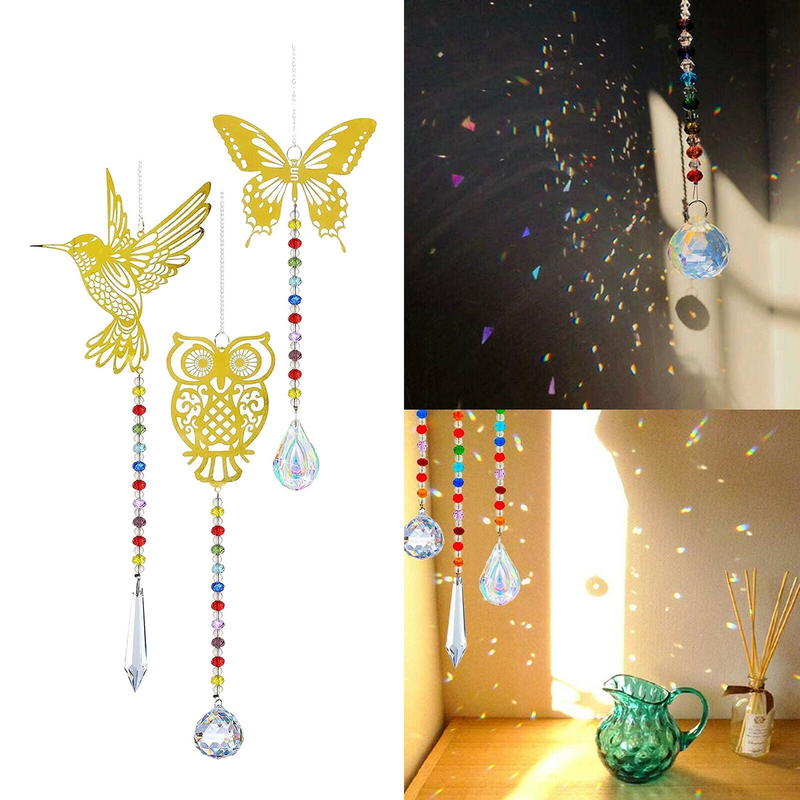 3Pcs Crystal Suncatcher Faceted Ball Owl Rainbow Maker Feng Shui Decor
