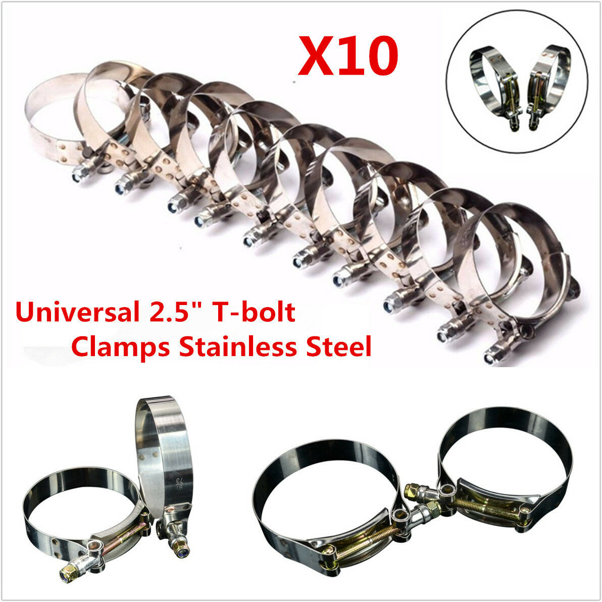 10Pcs 2.5" Silicone Turbo Pipe Hose Coupler T-bolt Clamps Stainless Steel 64-74m