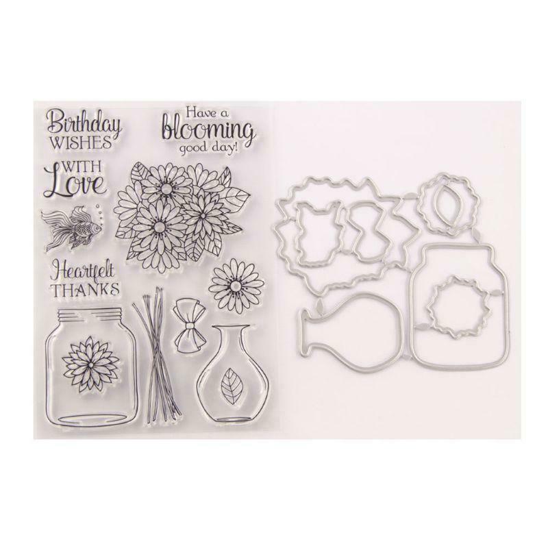 Flower Vase Seal Stamp with Cutting Dies Stencil Set DIY Scrapbooking Embossing
