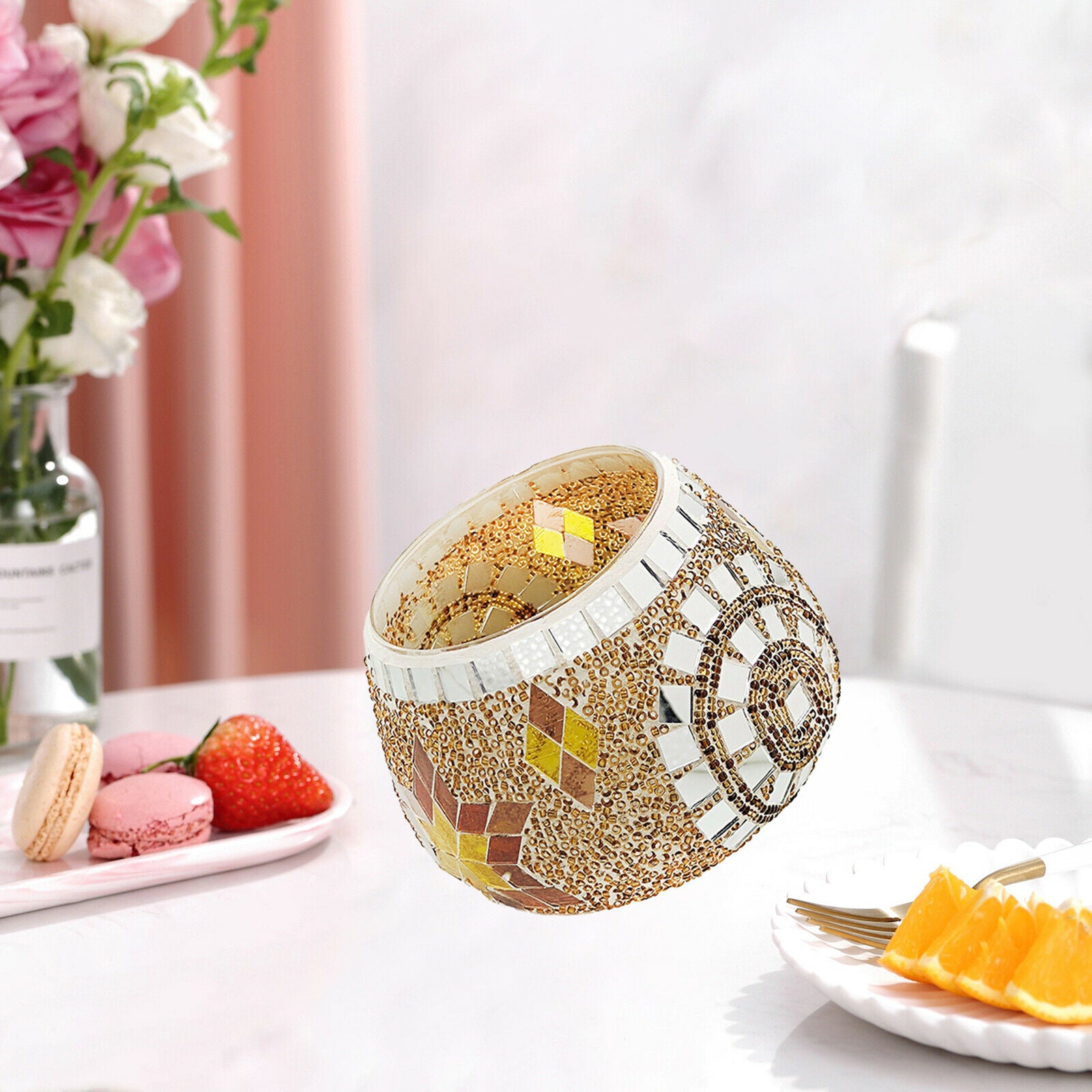 Mosaic Round Glass Gyro Candle Holder Ornament Decor Home Restaurant Spa Orange