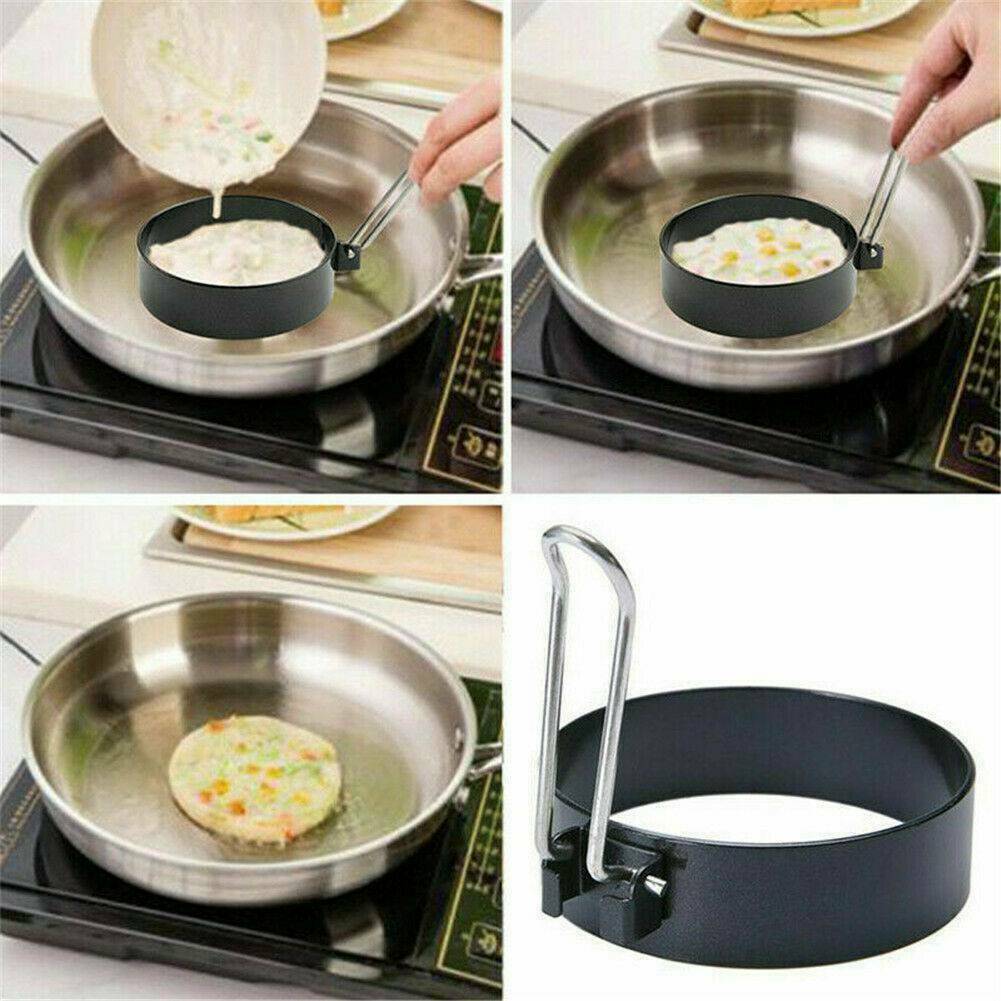 Black Stainless Steel Round Egg Rings Shaper Pancakes Mold Nonstick with Handle
