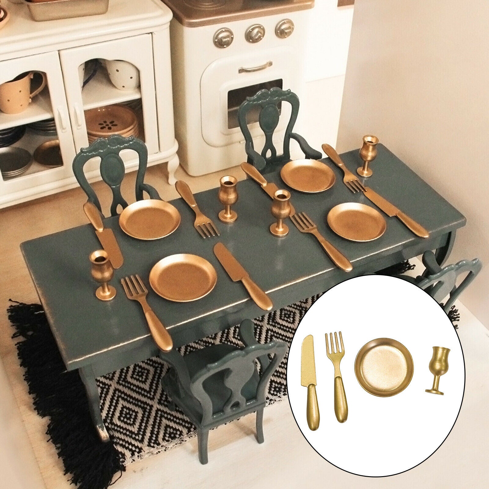 4Pcs 1/12 Scale Mini Plate Knives Fork Cup Tableware Set Furniture Decor