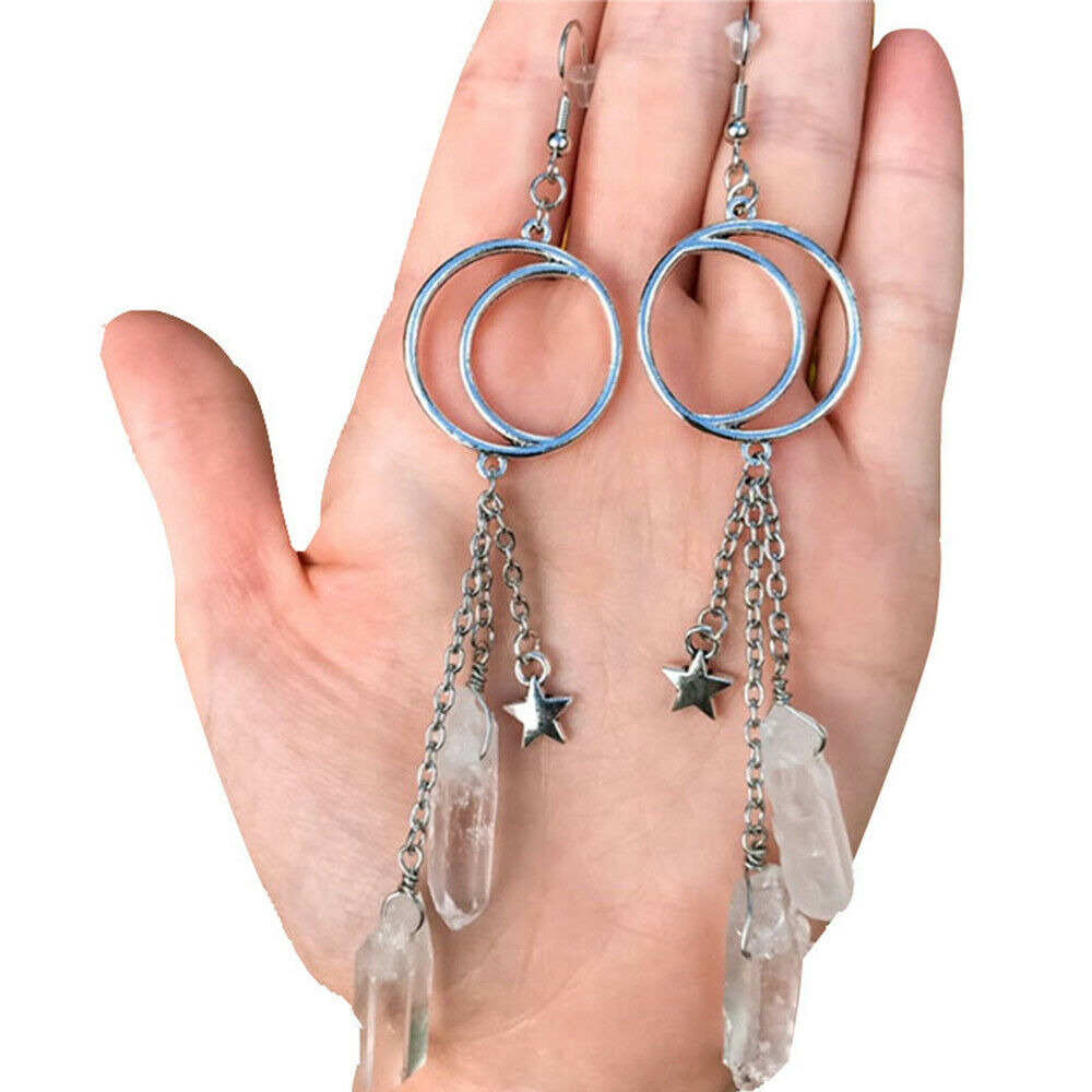 Clear Quartz Crystal Jewelry Hexagonal Pillar Chain Star Moon Ear Hook Earrings