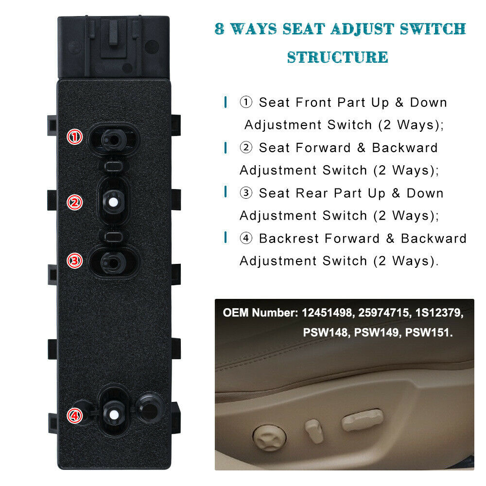 Front Right Passenger 8 Way Power Seat Control Switch 12451498 for 2006-2015 GMC