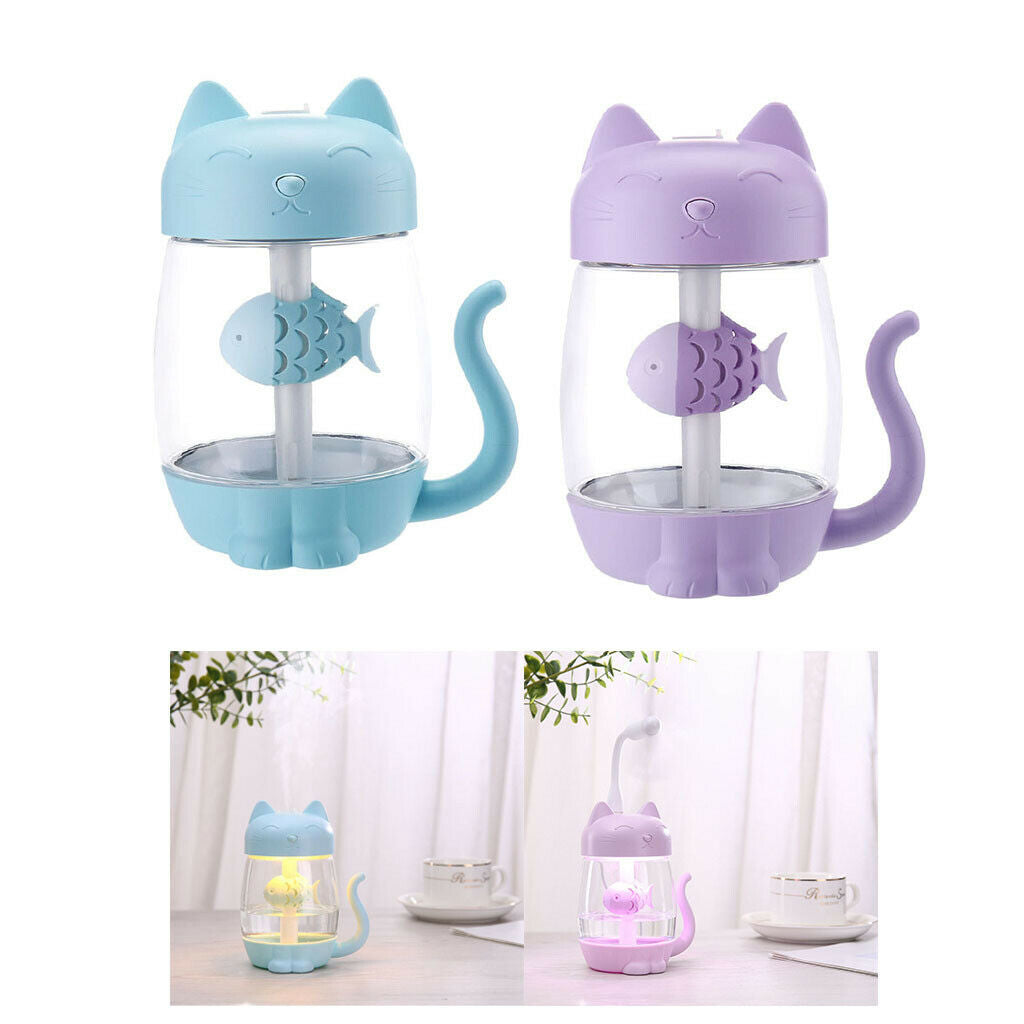 2x Portable Mini Cat Humidifier Fan LED Light for Car Home Desk Purple+Blue