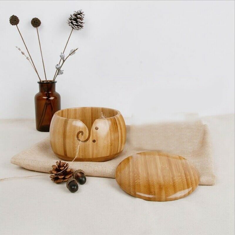 Yarn Bowl Handmade Crafted Bamboo Yarn Bowl with Removable Lid for Knitting S9Q9