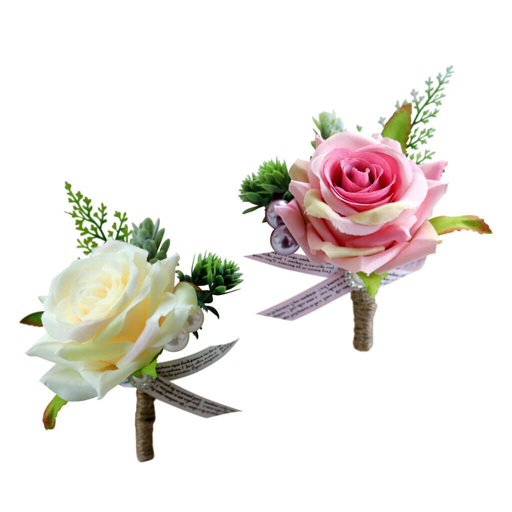 2pcs Rose Boutonniere Buttonhole Corsage Wedding Flowers Groom Bridal