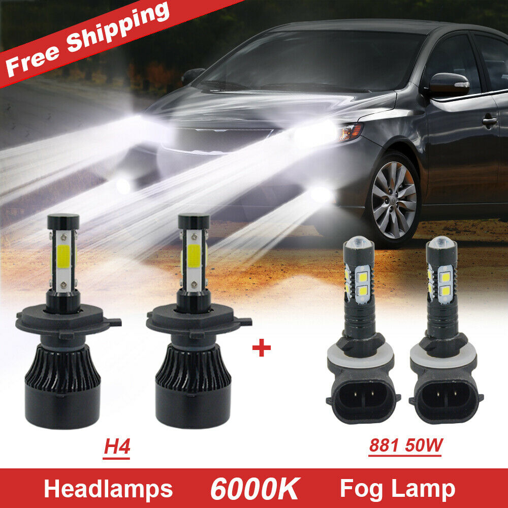 6000K 4-Side Glow H4 LED Headlight Bulbs+881 50W Fog Light fit Kia Spectra 07-09