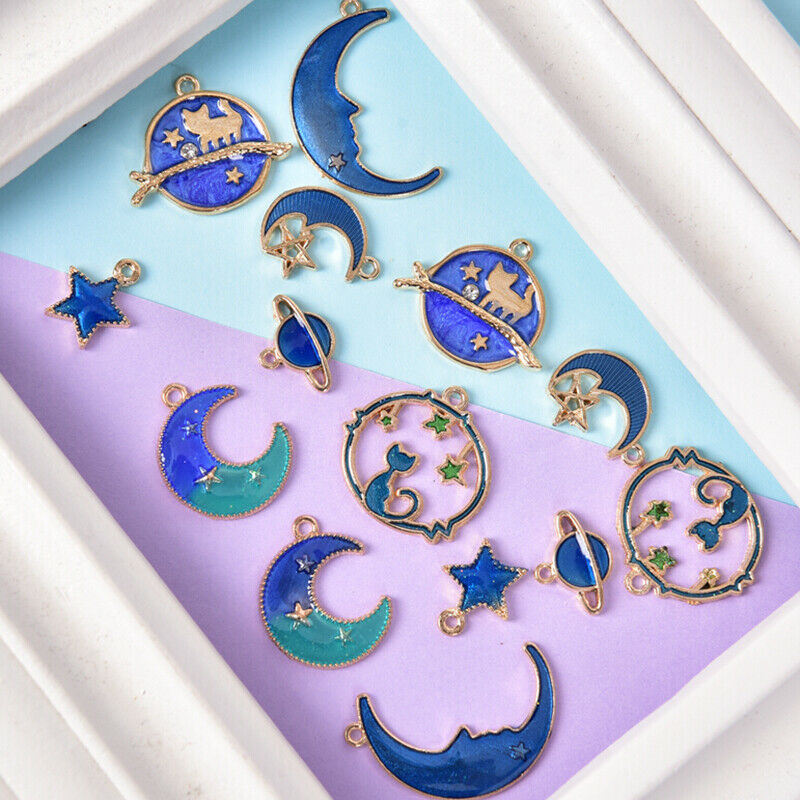 24Pcs/Set Enamel Cat Moon Star Earth Planet Charms Pendant DIY Jewelry Mak gv Lt