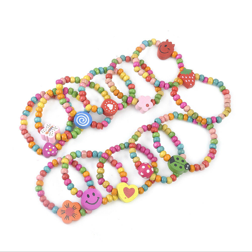 12 x Lovely Kids Children Wood Elastic Bead-Bracelets Birthday Party Jewelry