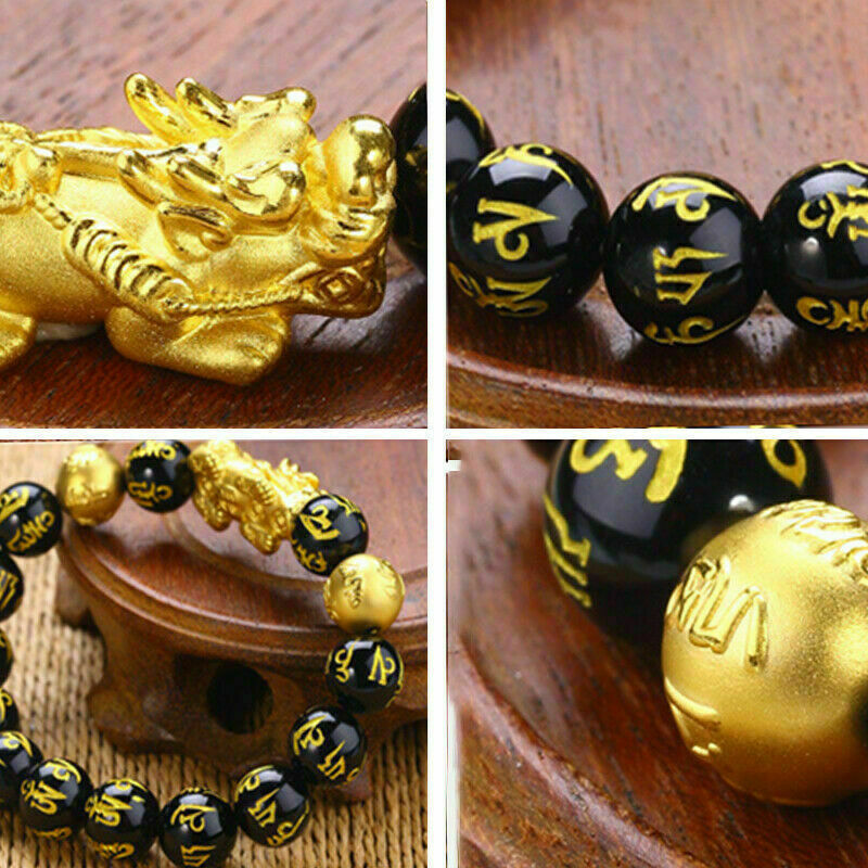 Feng Shui Black Obsidian Big Pixiu Bracelet Wealth Luck Dragon Glass Jewelry AU