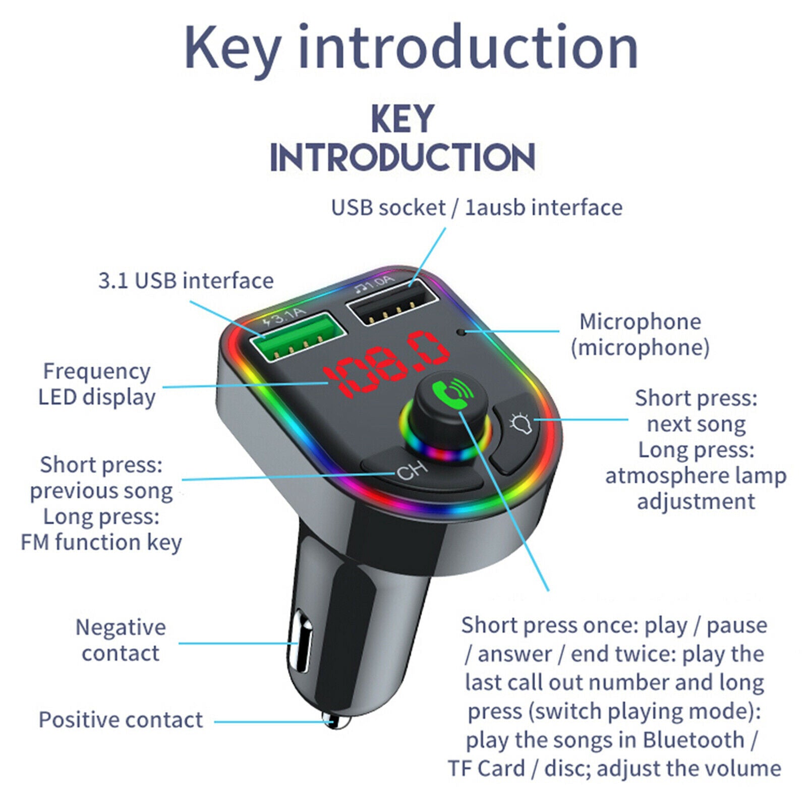 Auto Car Wireless Bluetooth V5.0 FM Transmitter Quick Charge 2 USB Ports
