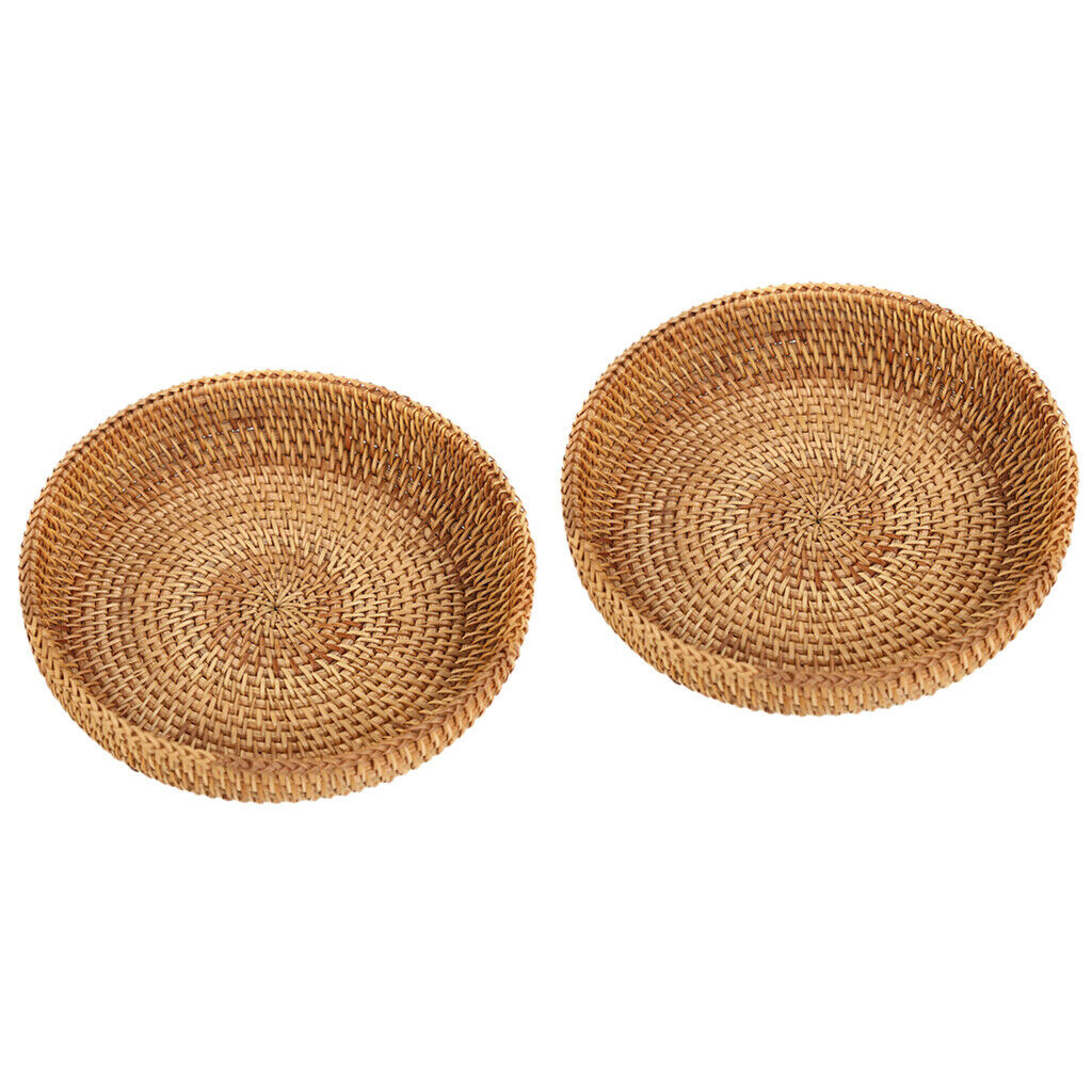 2 Pieces Woven Basket Storage Tray Tea Serving Fruits Bowl Organizer 18cm