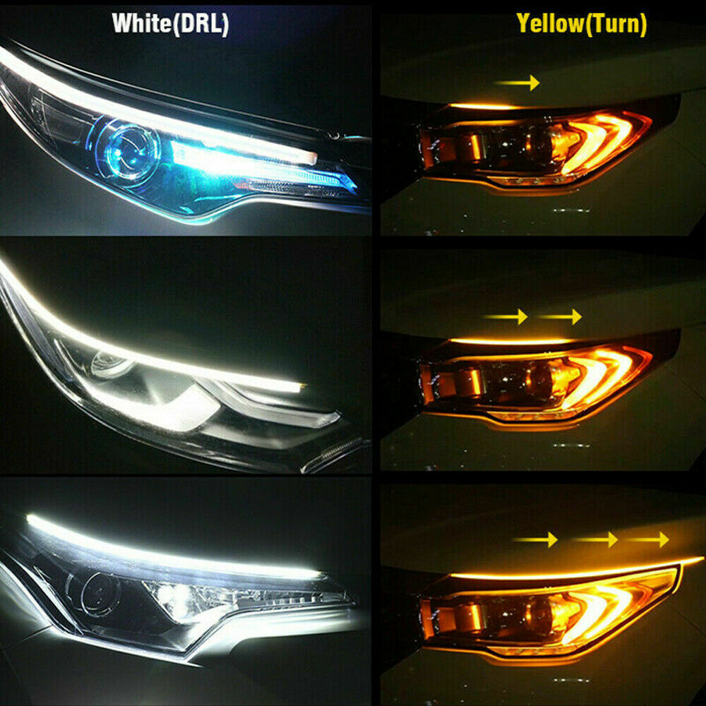 2 x 60CM LED DRL Light Amber Sequential Flexible Turn Signal Strip For Headlight