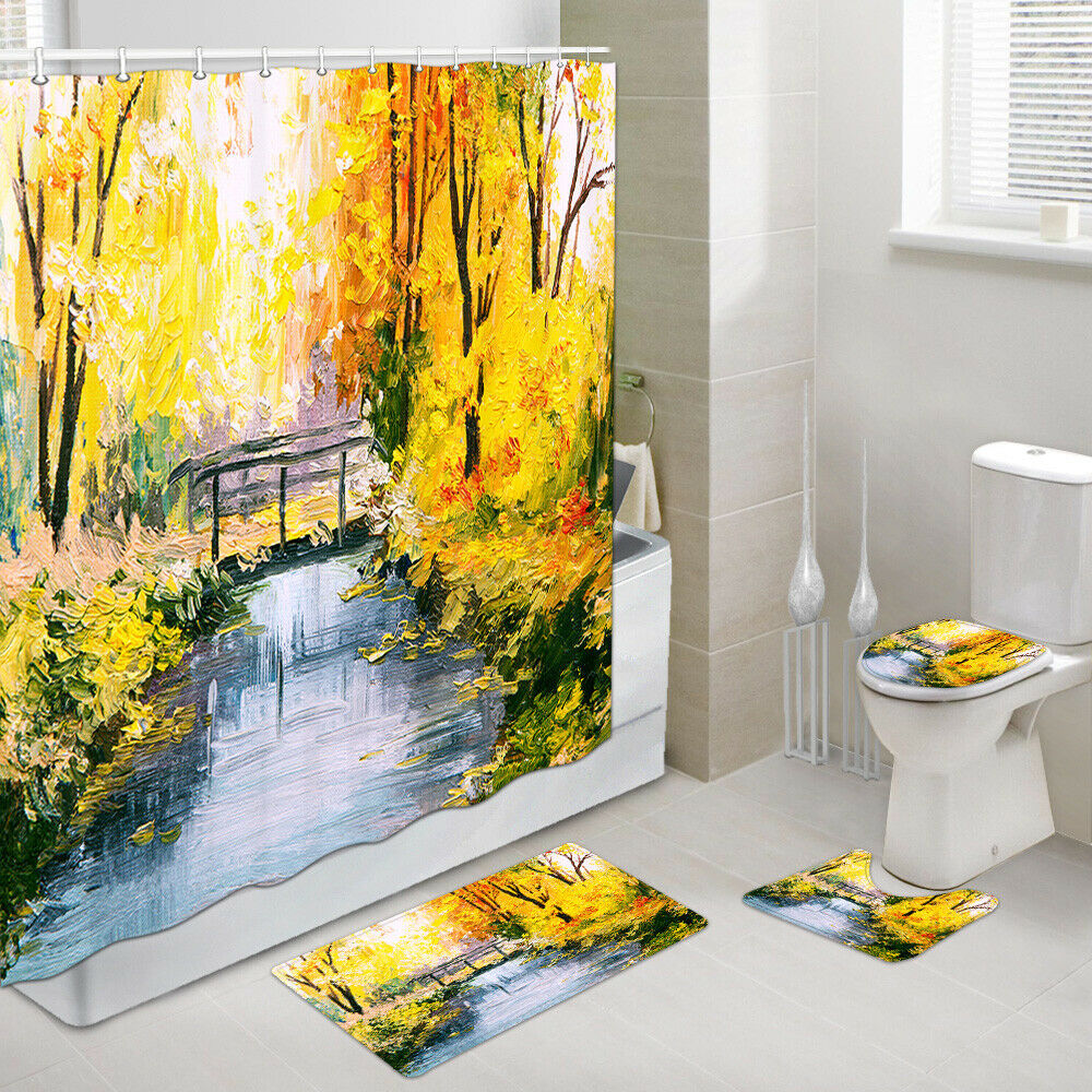 4PCS Autumn Scenery Shower Curtain Bathroom Set with Rugs Toilet Lid Seat Cover