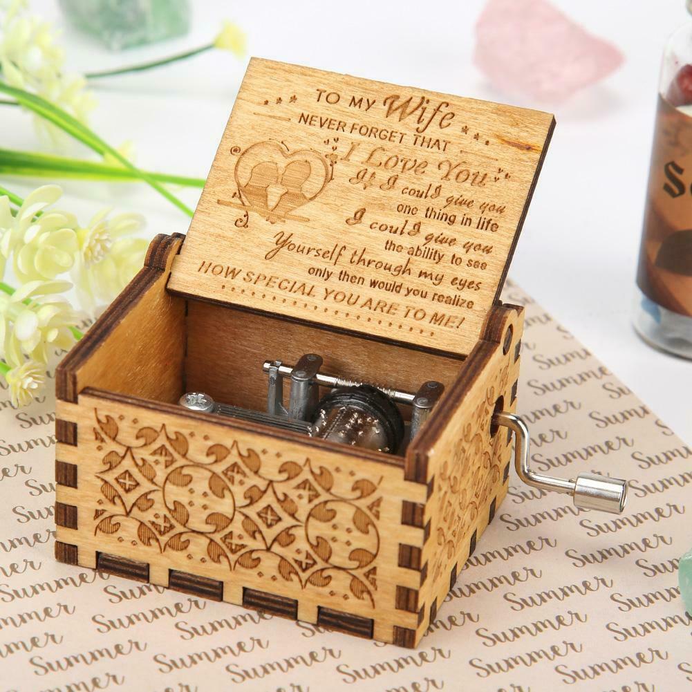 Retro Hand Cranked Music Box Wood Carved Kid Child Birthday Gift Home Decor @