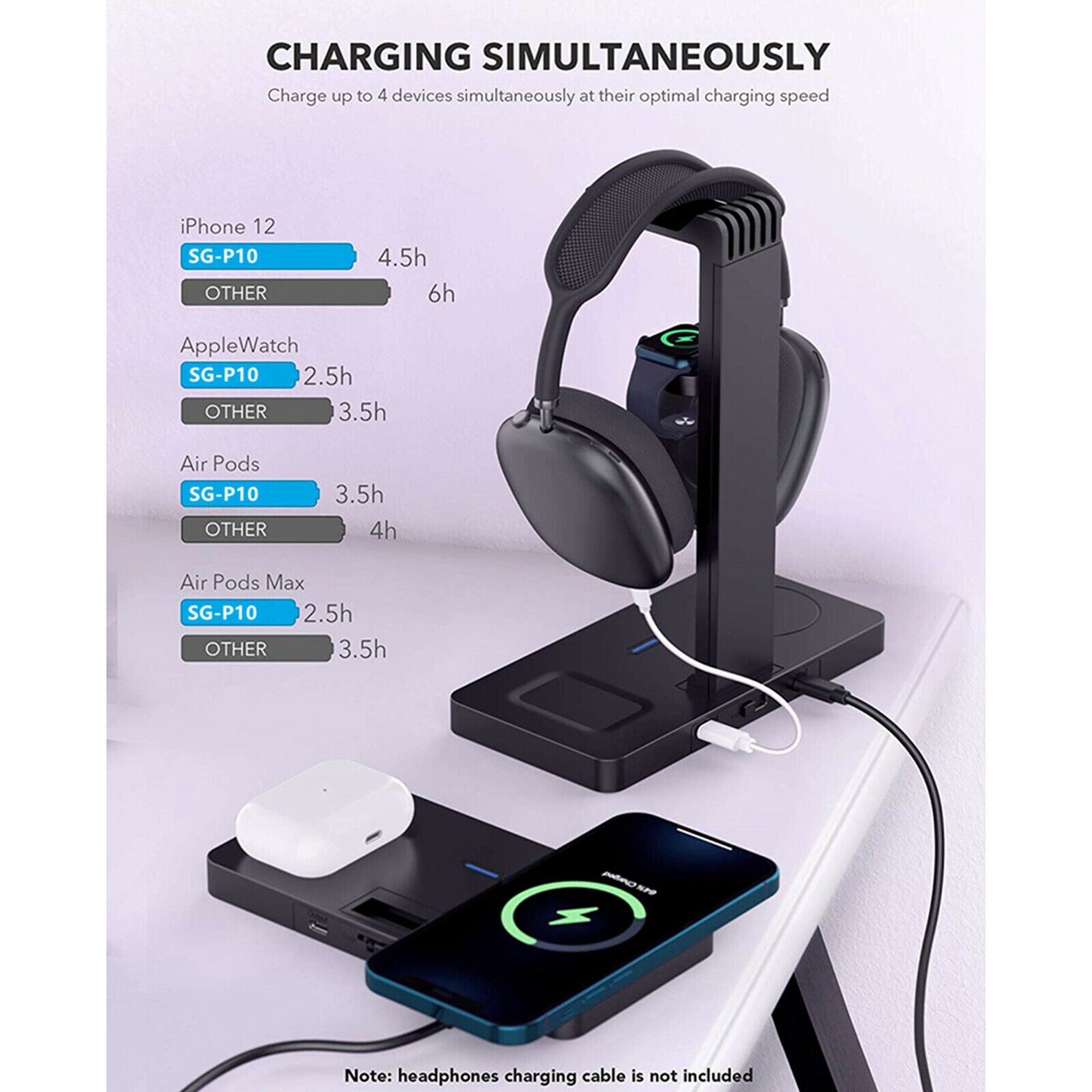 Generic 4 in 1 Magnetic Wireless Charger Charging Dock with Headphone Stand