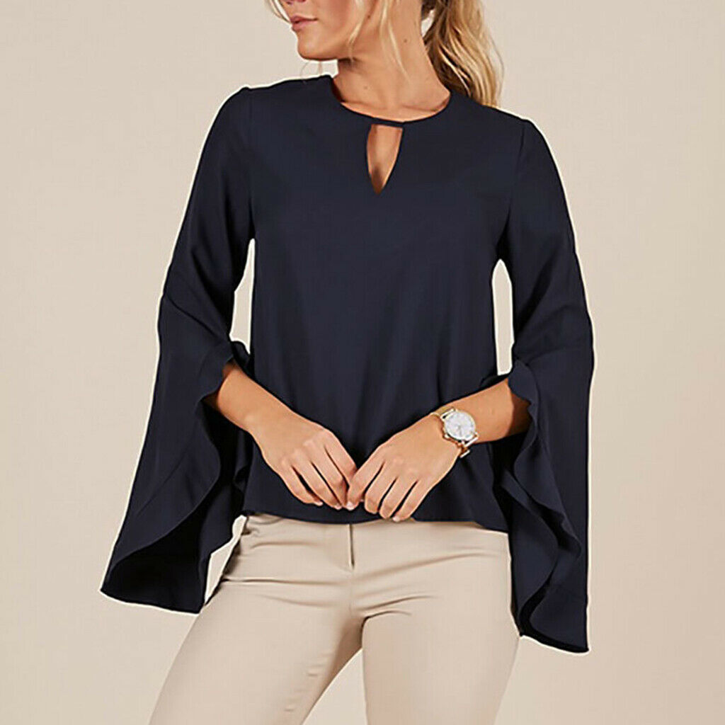 Women's Solid Round Neck Irregular Ruffle Sleeve Chiffon Shirt Blouse L Blue