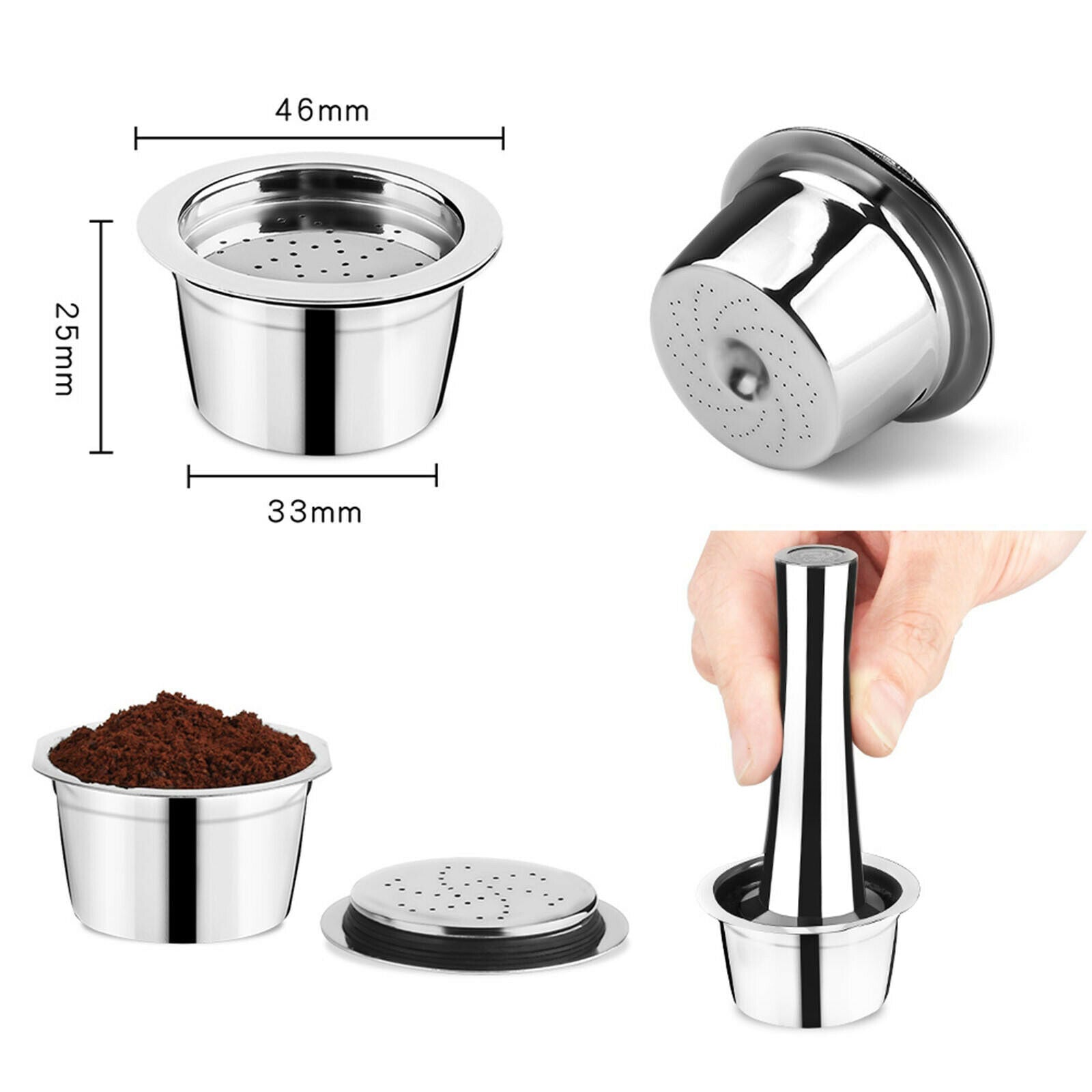 Metal Reusable Refillable Coffee Capsule Pod Brush Spoon Fits ALDI 3Pcs Set
