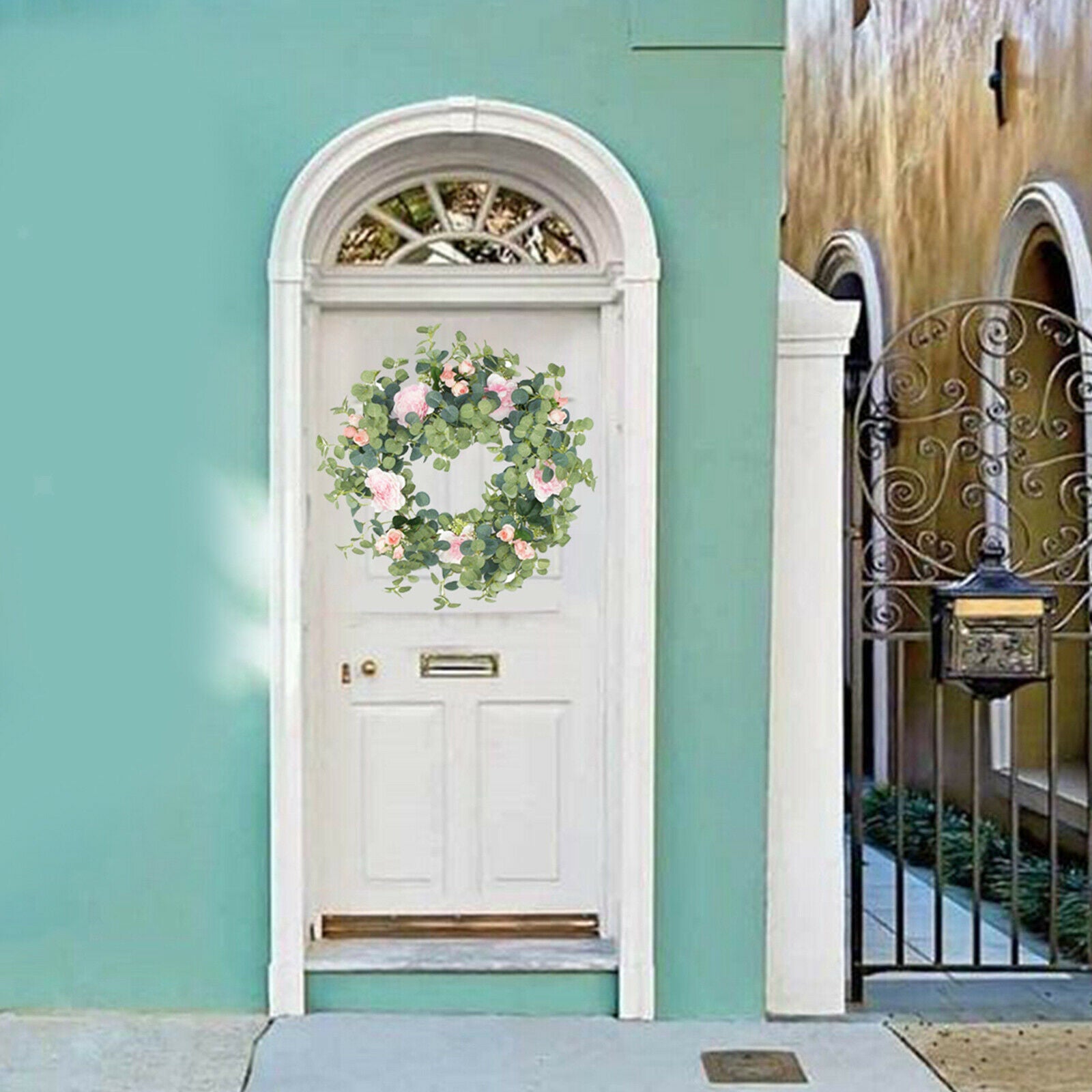 Artificial Eucalyptus Wreath Front Door Silk Rose Garland Spring Outdoor