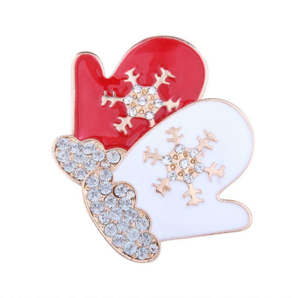 Chic Novel Red&White Enamel Christmas Snowflake Rhinestone Gloves Brooch Pin