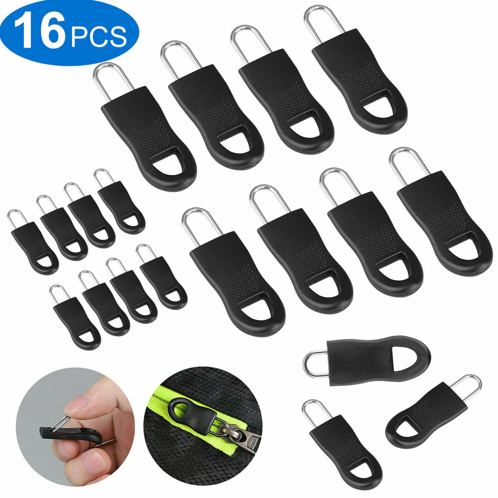 16 Pcs Zipper Pull Replacement Repair Mend Kit For Luggage Jacket Backpack Black
