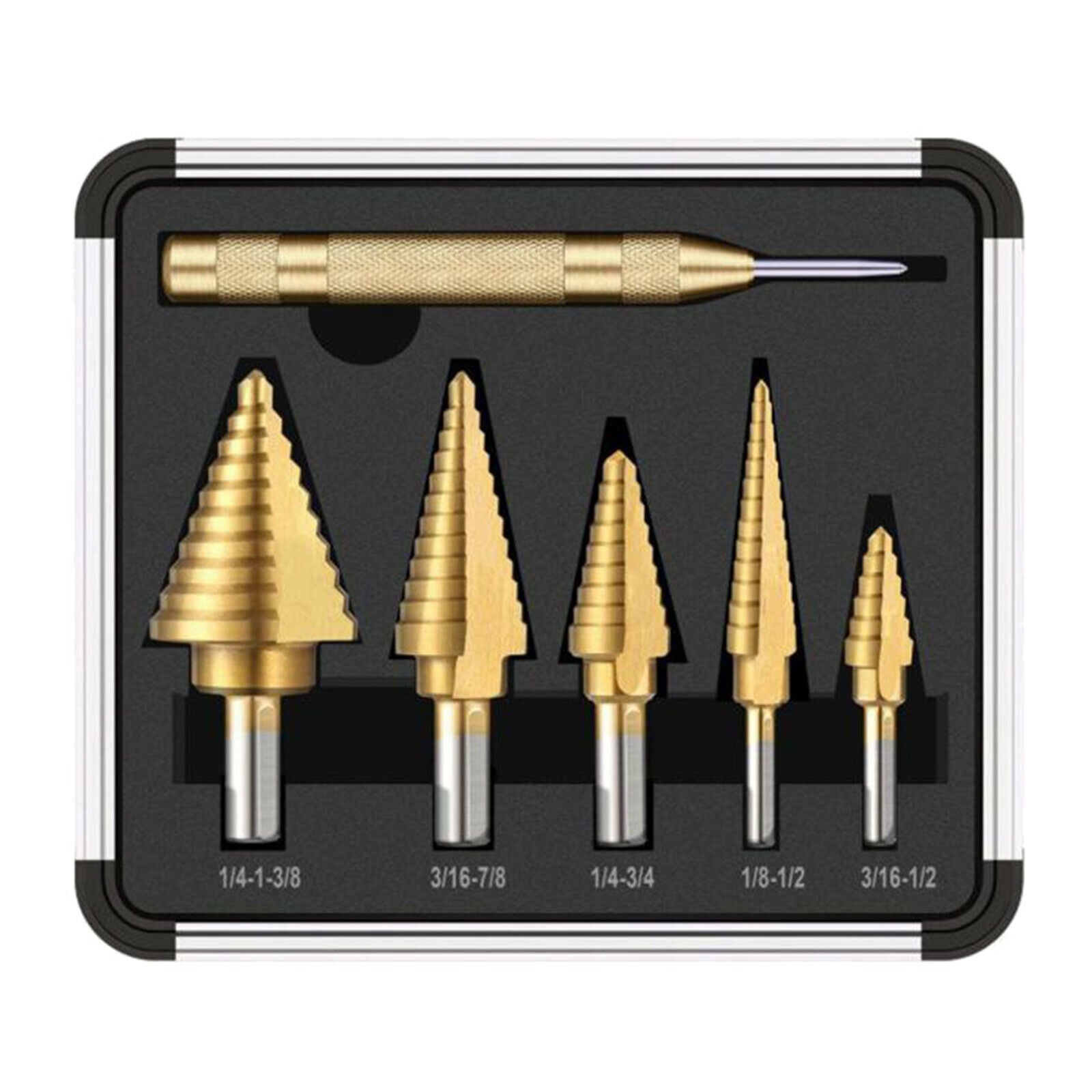 6PCS Titanium Coated Steel Step Drill Hex Shank Set with Aluminum Case