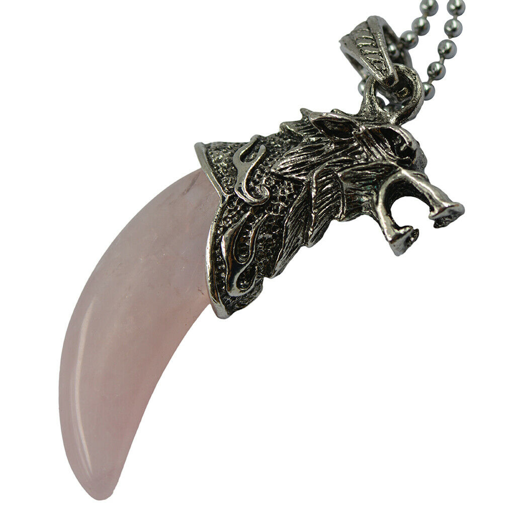 Mens Wolf Tooth Head Rose Quartz Pendant Ball Chain Necklace Pink