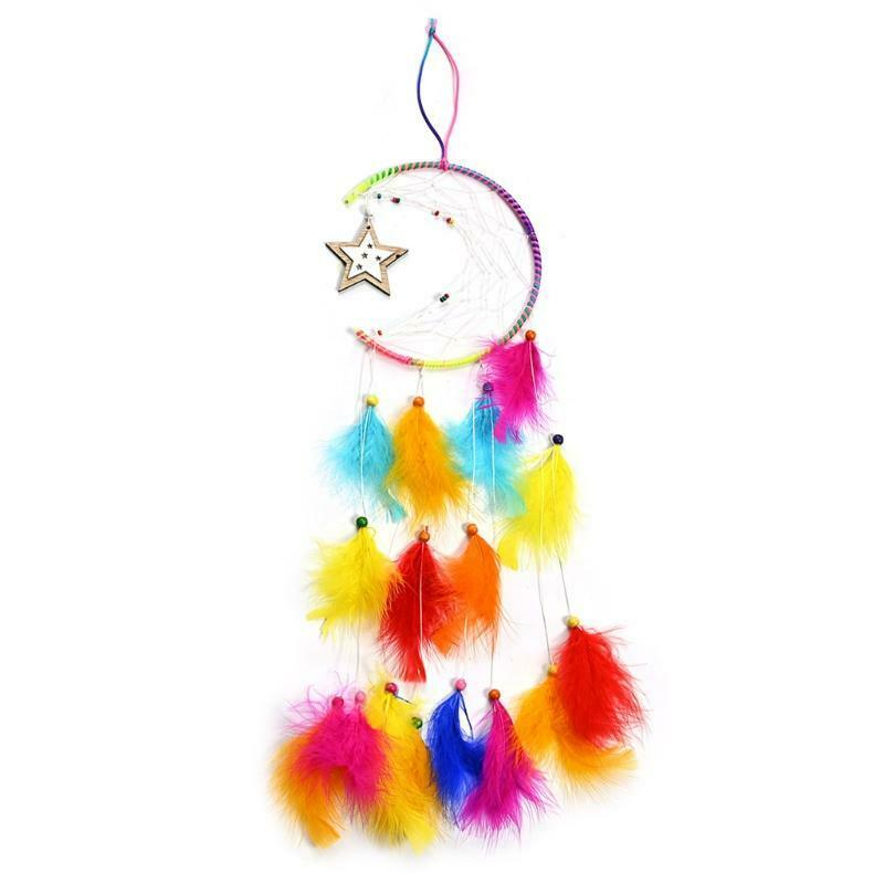 Colorful Feather Pendant Dream Catcher Moon Star Design Woven Wall Hanging Decor