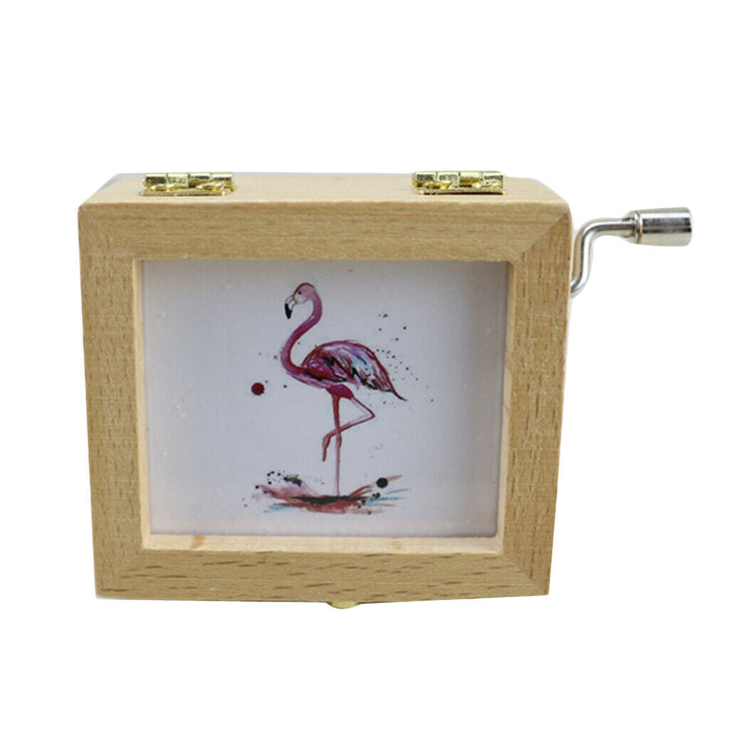 Wood Hand Crank Musical Box Flamingo Decor for Birthday Gift Exquisite