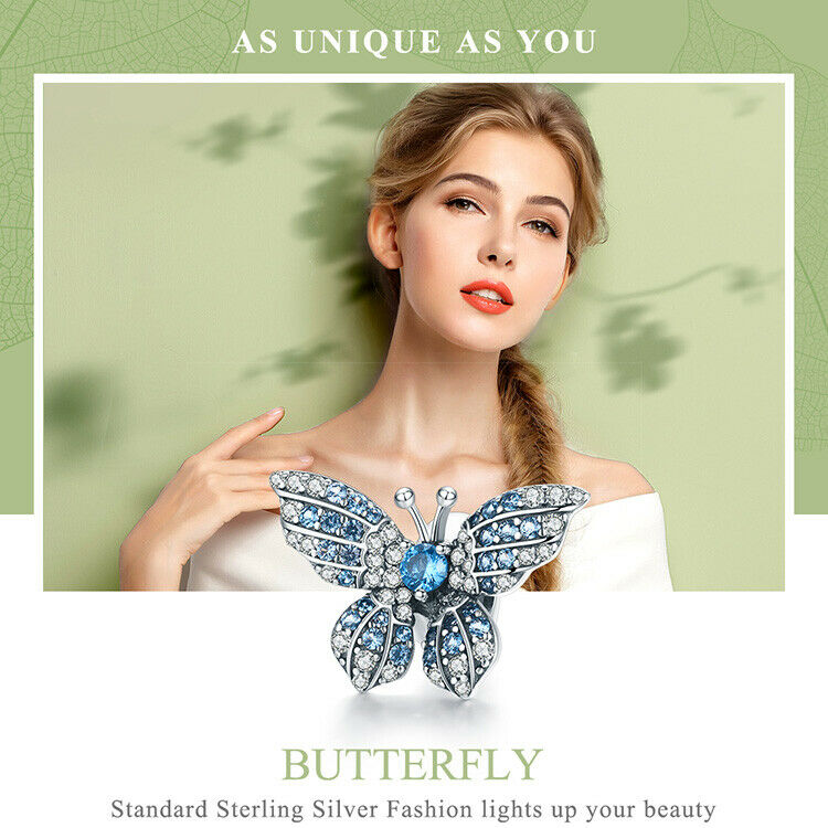 Women Authentic 925 Sterling Silve CZ Butterfly Charm Bead Fit Bracelet&Necklace