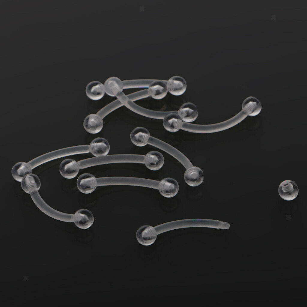10 Pieces 18 Gauge Metal Allergy Free Clear Acrylic Curved Eyebrow Bars Labret