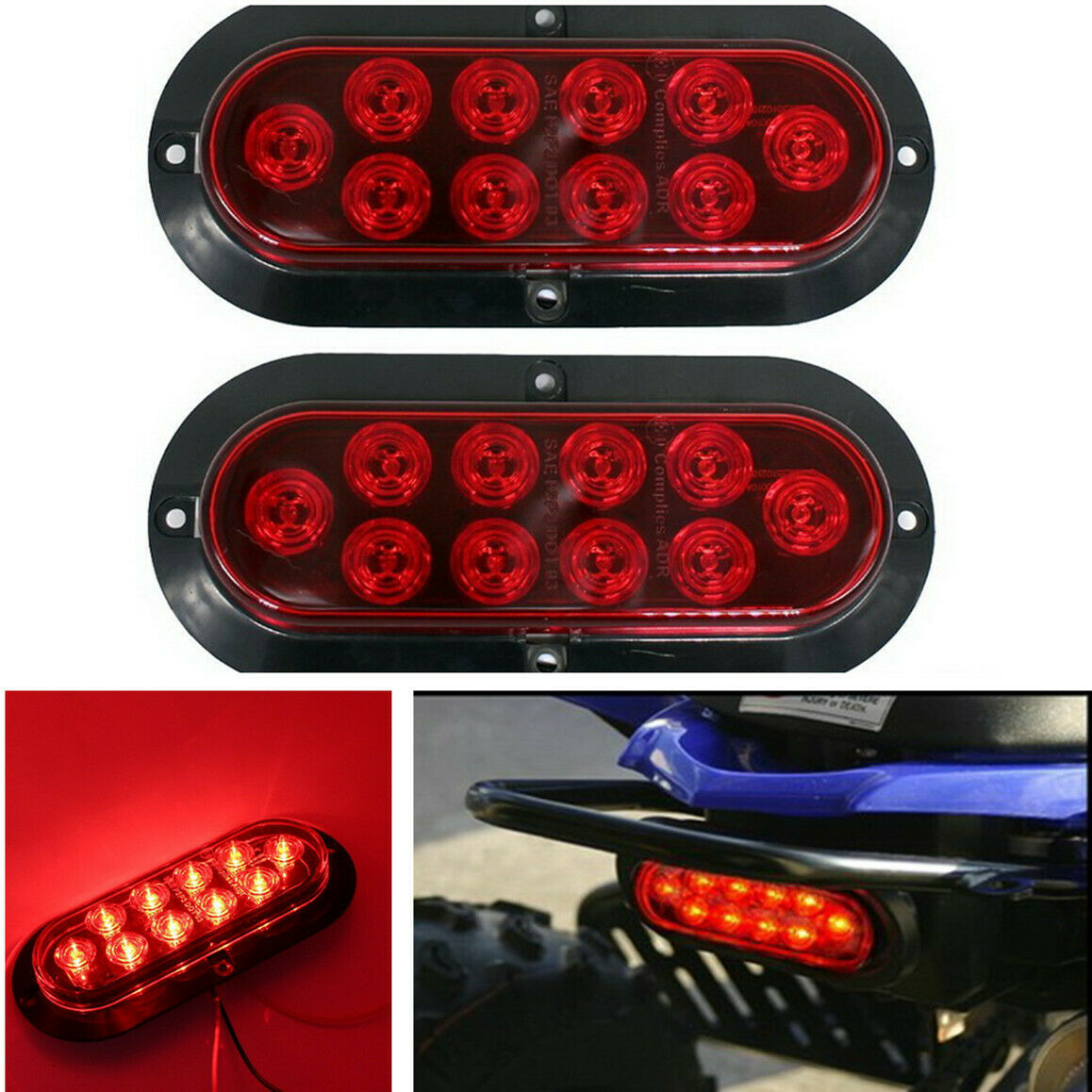 2x 6" 10 LED Red Oval Brake Stop Marker Tail Light for Car Truck Trailer RVs 12V
