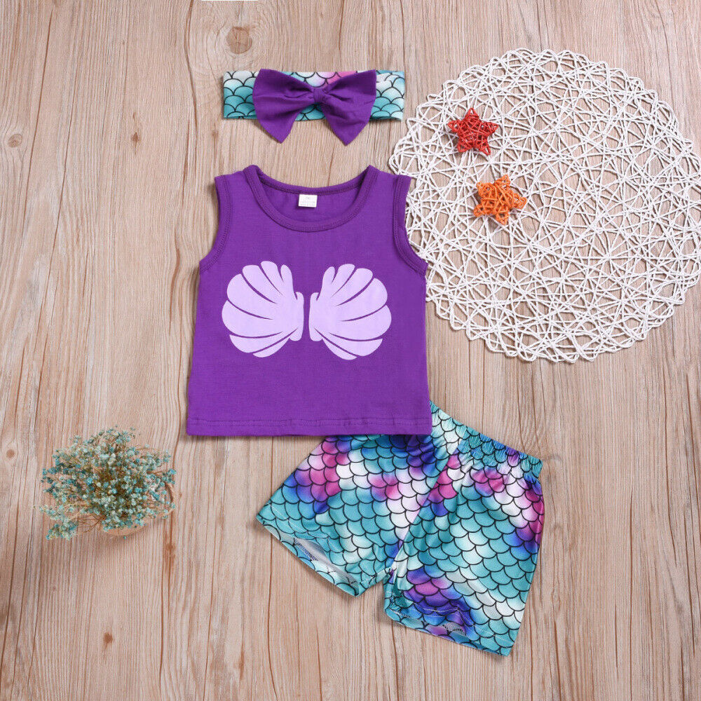 Baby Girl Clothes Mermaid Tank Top + Shorts Pants + Headband Outfit Summer Set