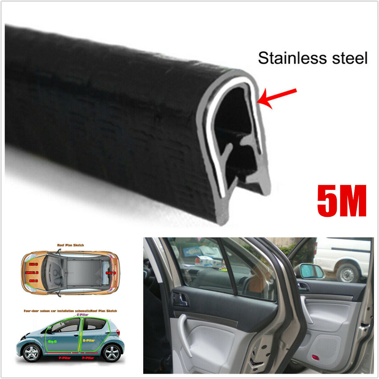 Universal High Quality Rubber Seal Weatherstrip Car Door Protector Edge Trim 5M