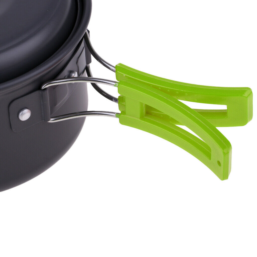 Aluminum Camping Mess Kit Cookware Cutlery Foldable Pot Pan Bowl Dish Green
