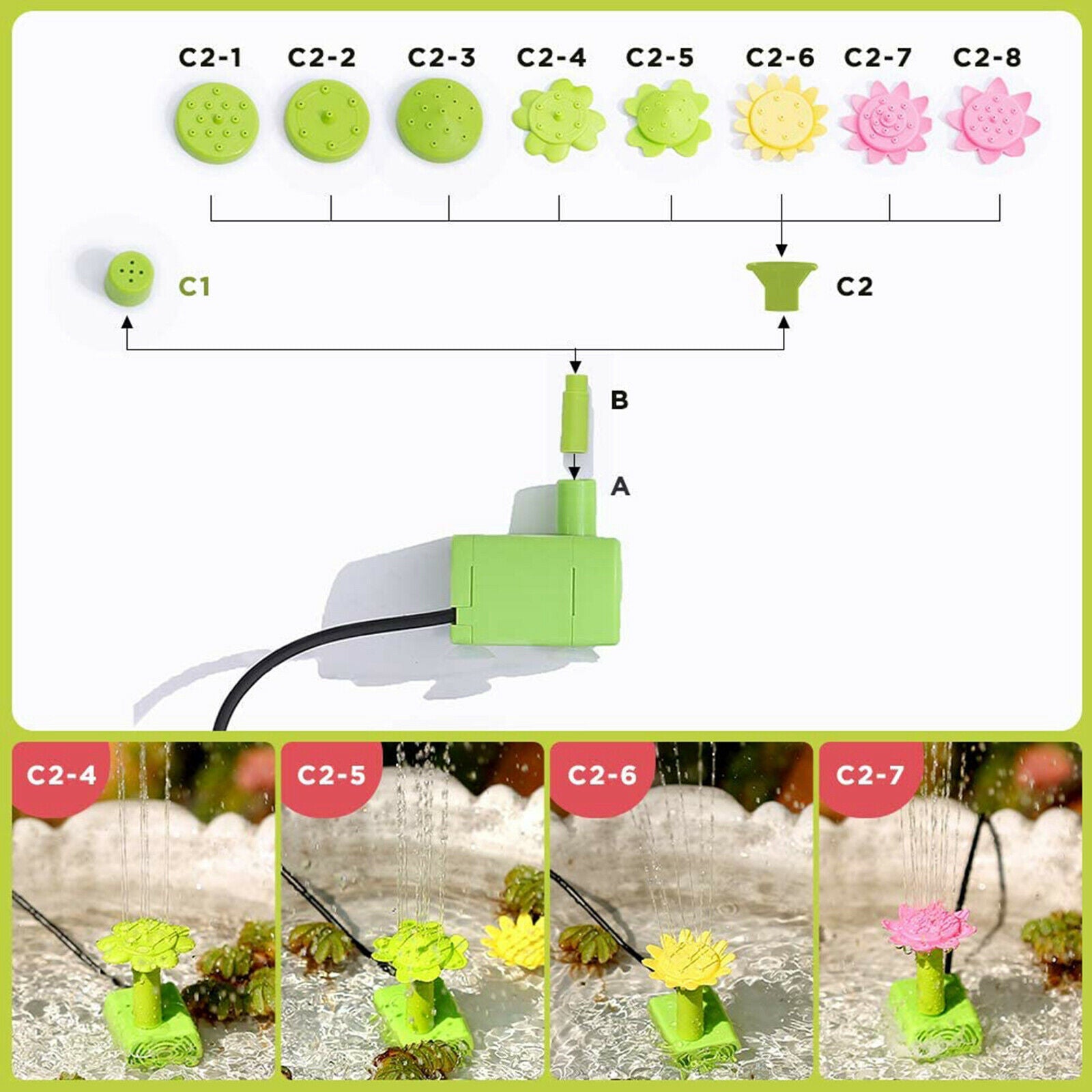 Solar Fountain Pump with 14 Different Spray Pattern Heads for Pond BirdBath
