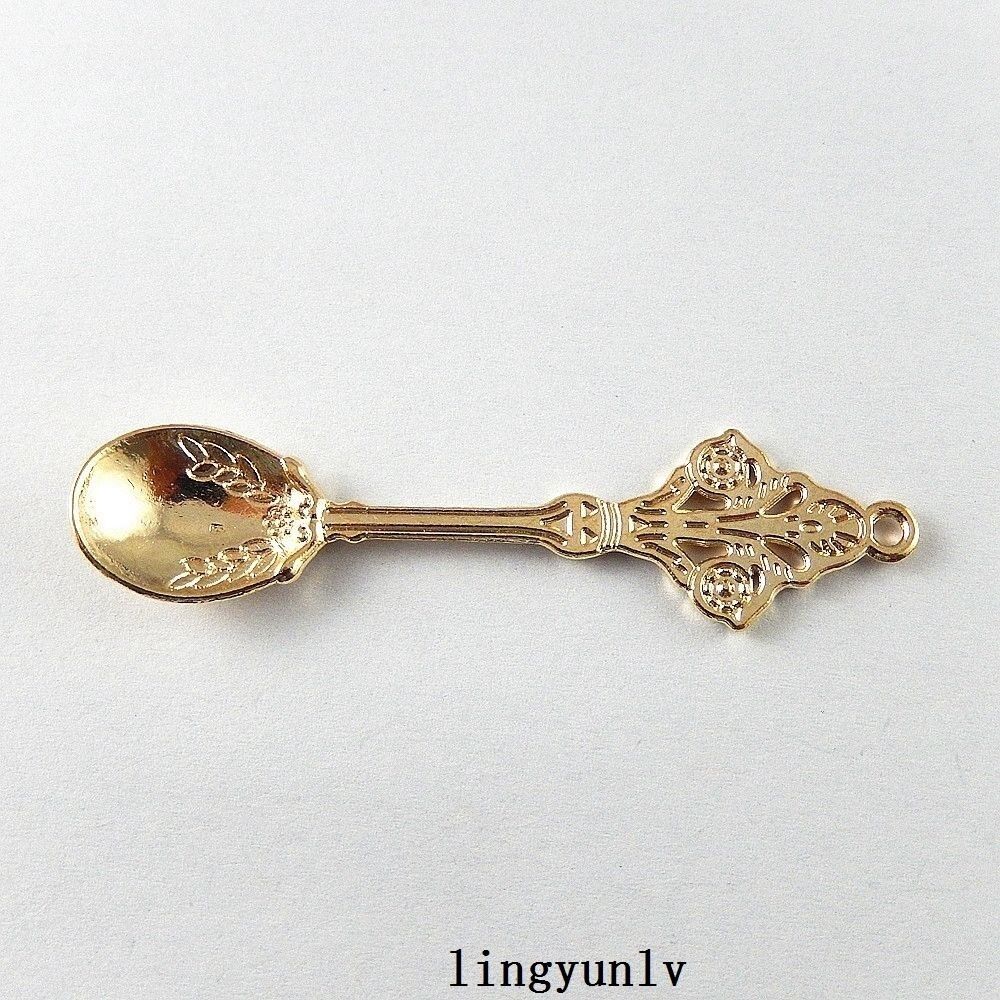10-pack Golden Alloy Floral Spoon Pendant Jewelry Making Charm Art Craft 63x14mm