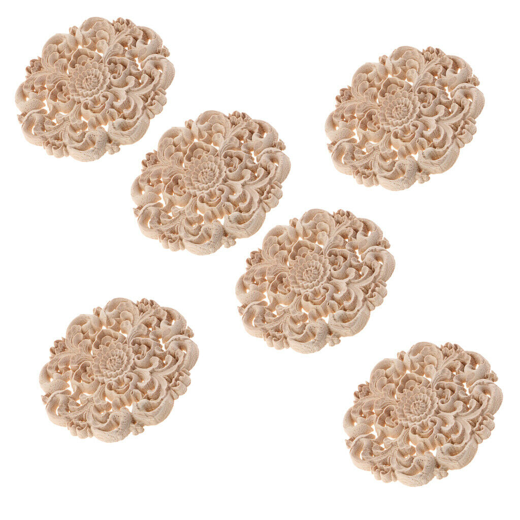 6Pcs Round Wood Carved Flower Appliques Elegant Cabinet Onlay Craft Unpainted