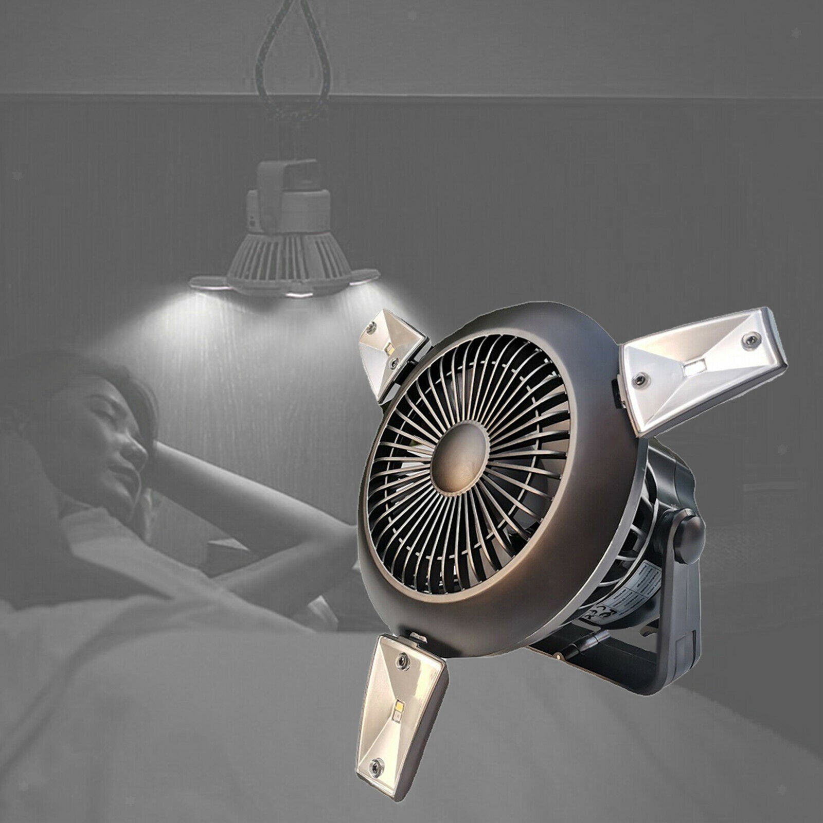 Solar Outdoor Fan Rechargeable Camping Lantern Light LED Lamp Flashlight USB