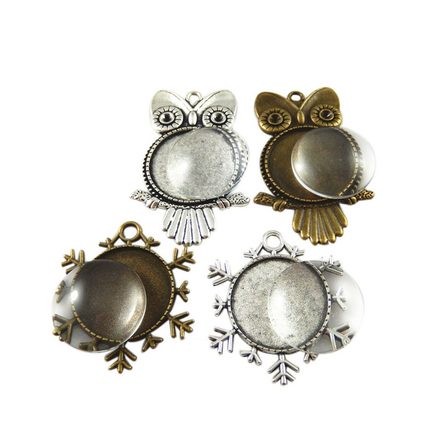 4 sets Mixed Owl Snowflake Bezel Frames with 25mm Clear Glass Cabochons Pendants