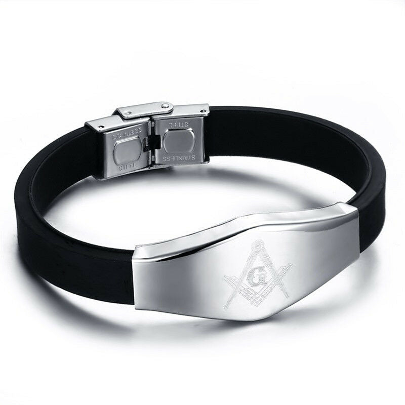 Stainless Steel Black Silicone Masonic Charm Bangle Bracelet Wristband For.l8