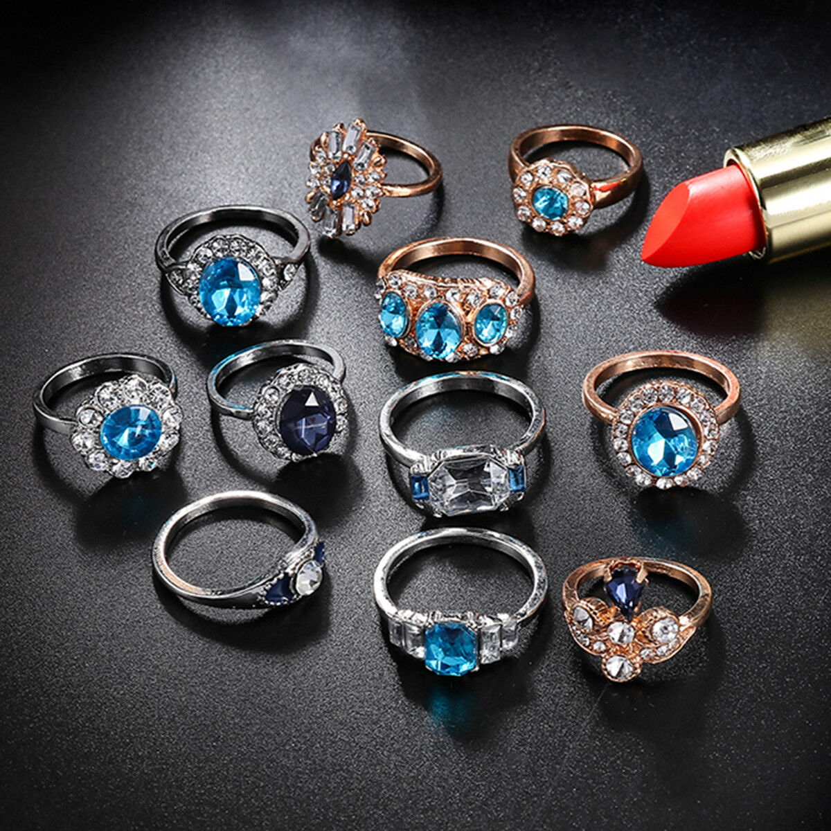 11 Pcs/set Women Blue Sapphire Geometry Round Water Drops Flower Ring Set